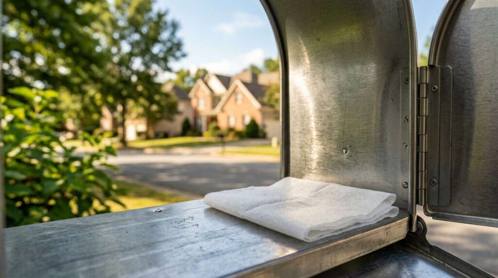 Open mailbox with a dryer sheet inside, overlooking a suburban neighborhood street.