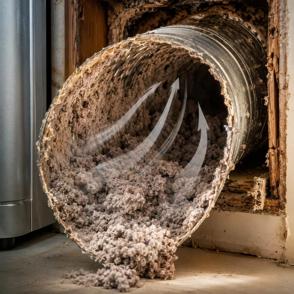 Severely clogged dryer vent packed with lint restricting airflow and causing dryer not drying in Raleigh NC homes