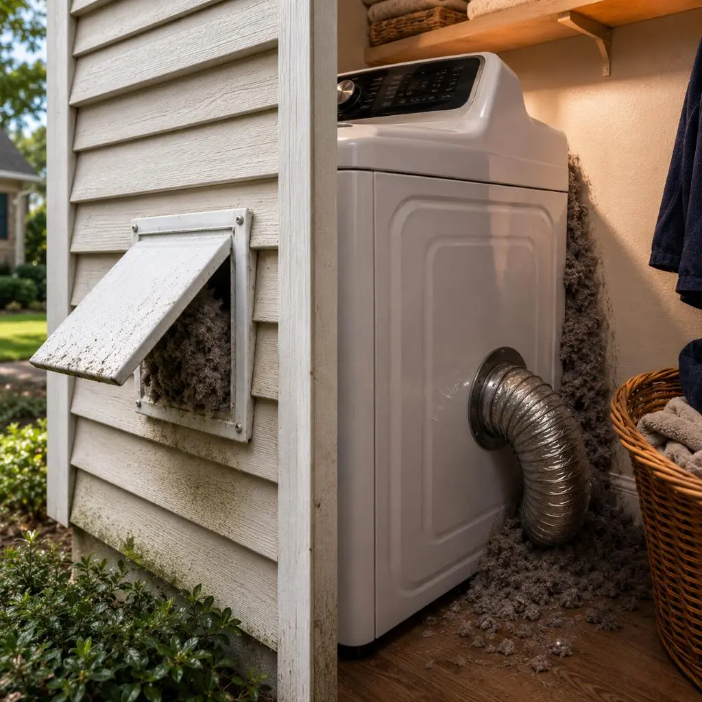 Clogged dryer vent filled with lint buildup creating a serious dryer fire risk in Raleigh NC homes