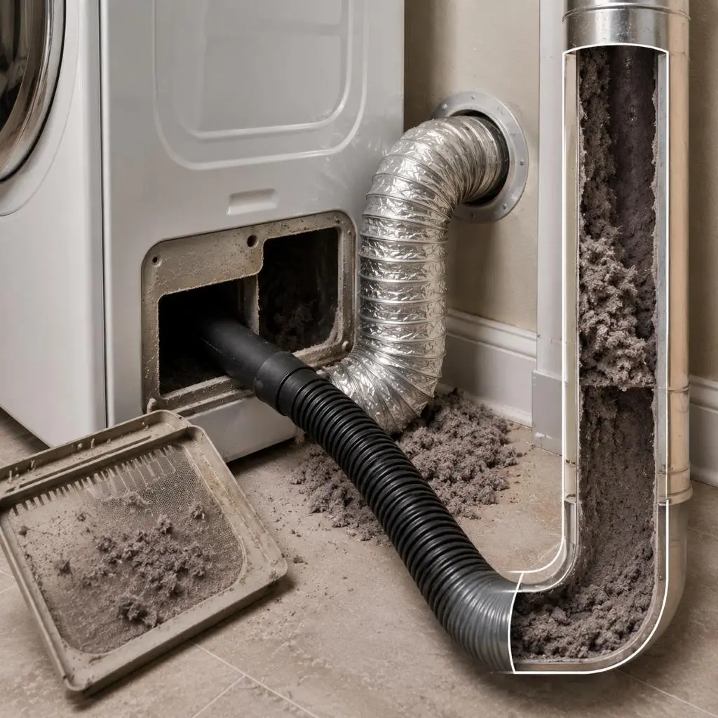 DIY dryer vent cleaning in Raleigh NC using a vacuum to remove lint while hidden buildup remains inside the dryer vent duct