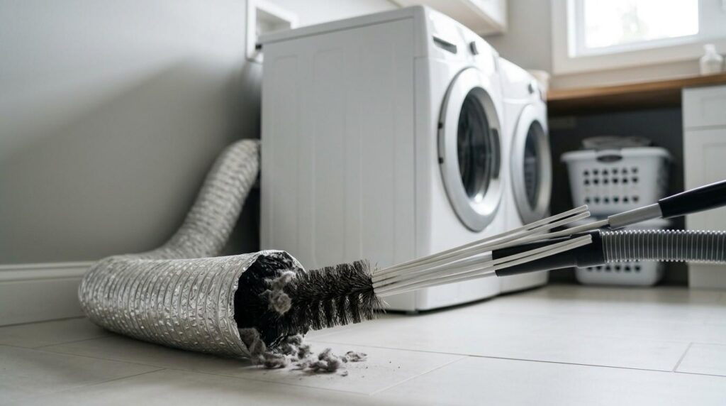 Brush cleaning lint from a flexible dryer vent hose beside a laundry machine.