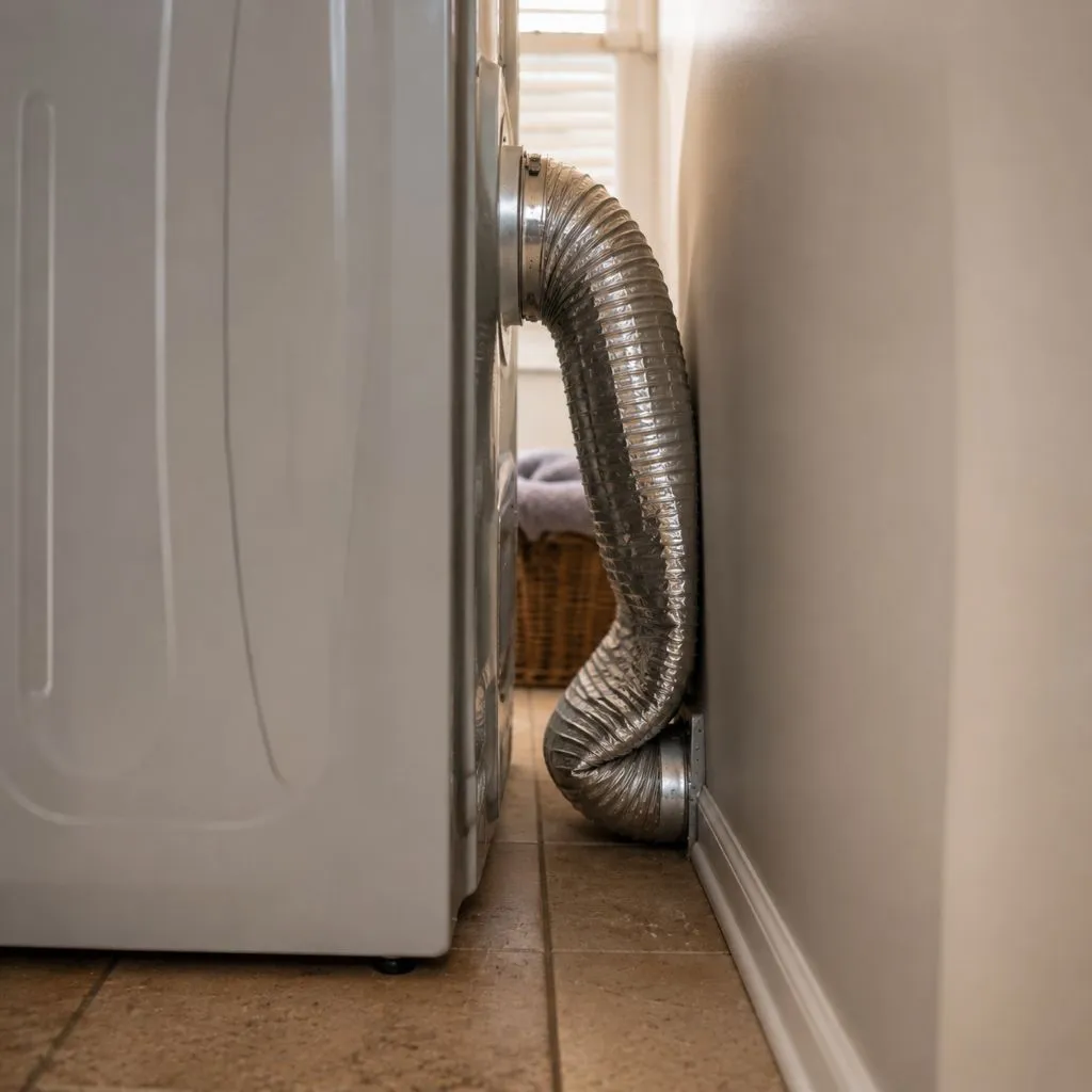 Kinked dryer vent hose behind a dryer restricting airflow and causing dryer not drying in Raleigh NC homes