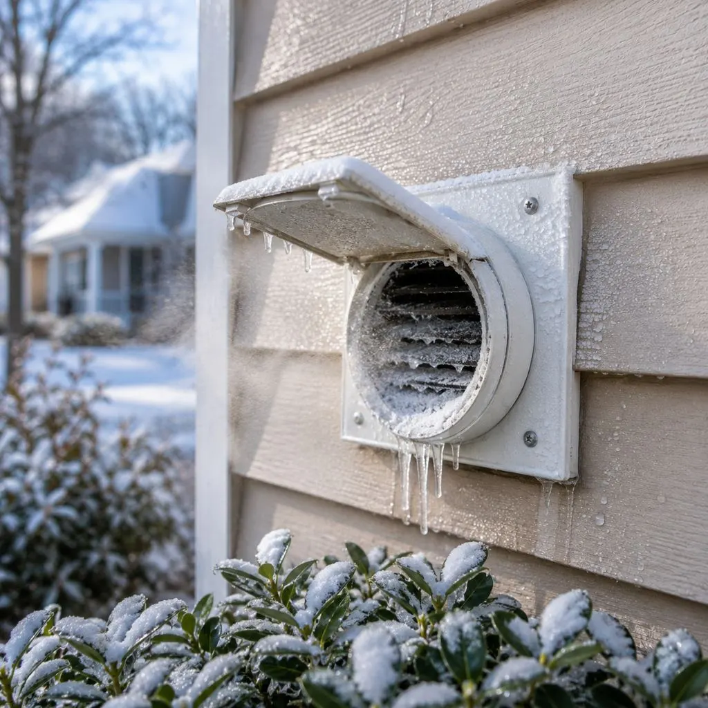 Frozen exterior dryer vent during winter highlighting the best time for dryer vent cleaning in Raleigh NC before cold weather causes airflow issues