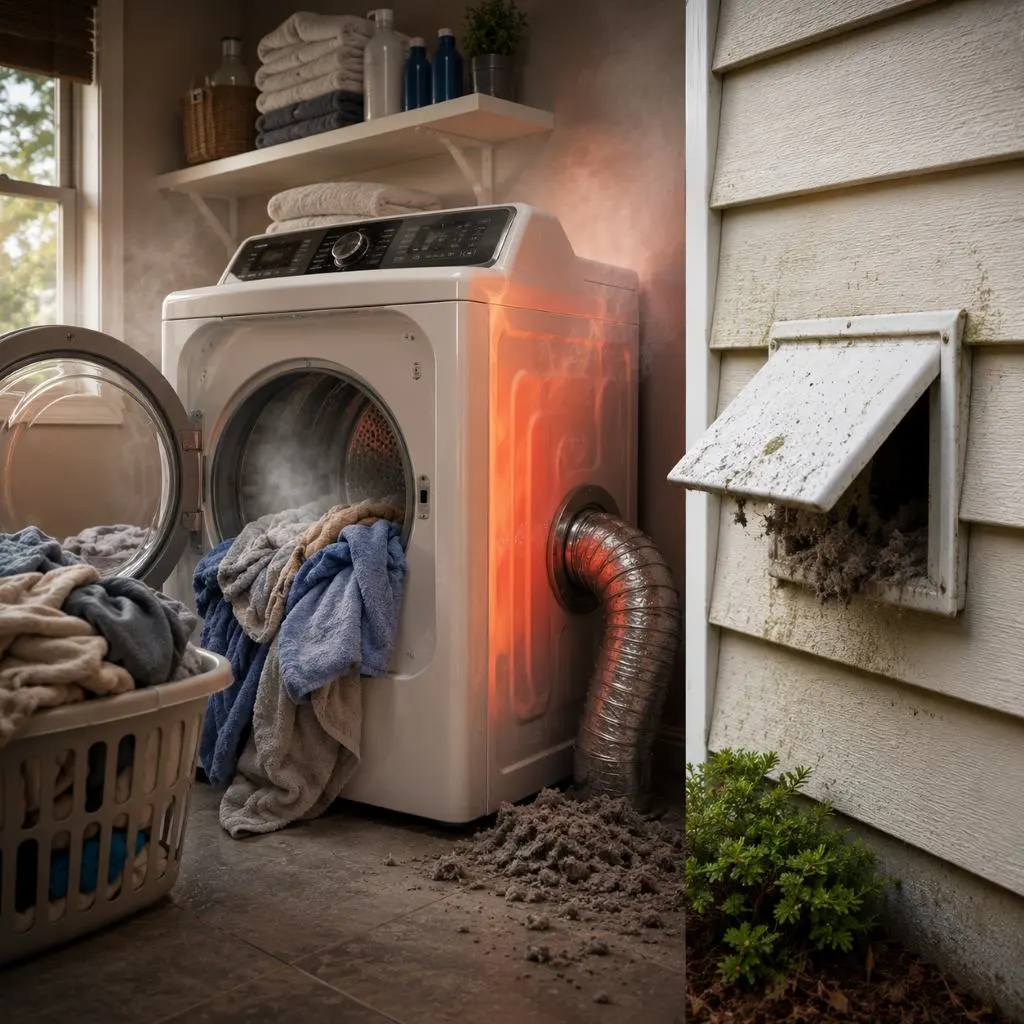 Overheating dryer and clogged exterior vent showing why homeowners should know how often to clean dryer vents in Raleigh NC
