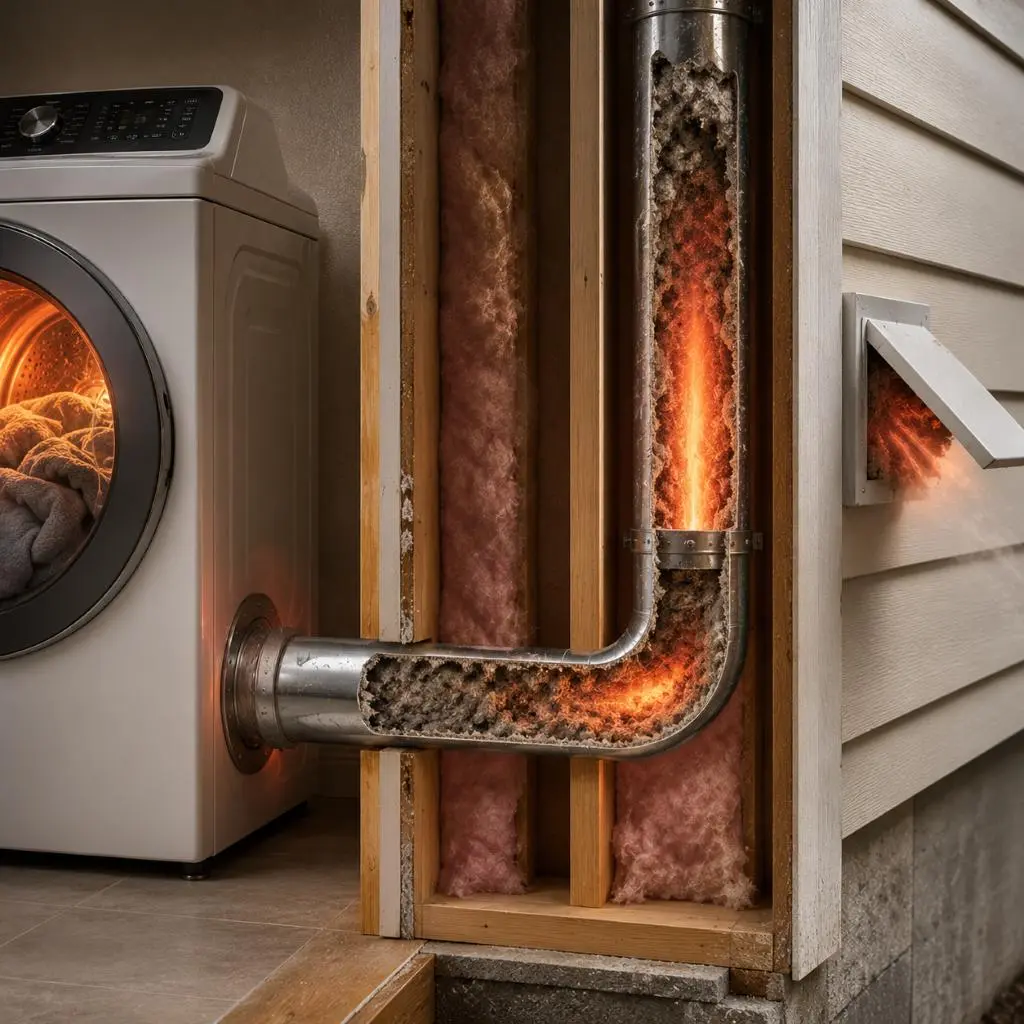 Cutaway view of a clogged dryer vent with overheating lint buildup illustrating the dryer fire