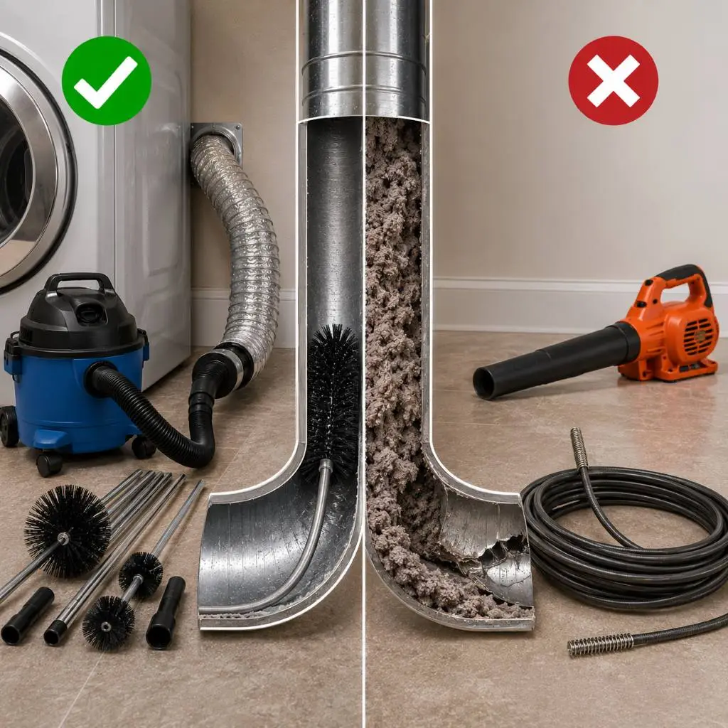 DIY dryer vent cleaning in Raleigh NC comparison showing effective brush and vacuum methods versus ineffective tools that leave hidden lint buildup