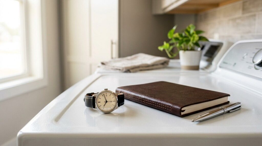 Watch, notebook, and pen resting on a dryer in a bright laundry room.