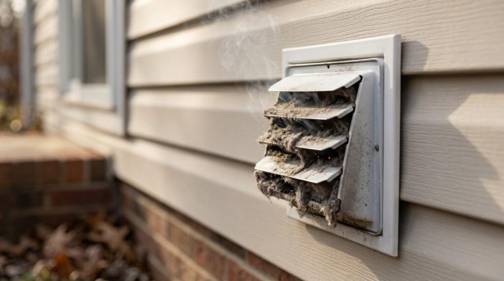 Lint-clogged exterior dryer vent cover with visible debris and signs of overheating.