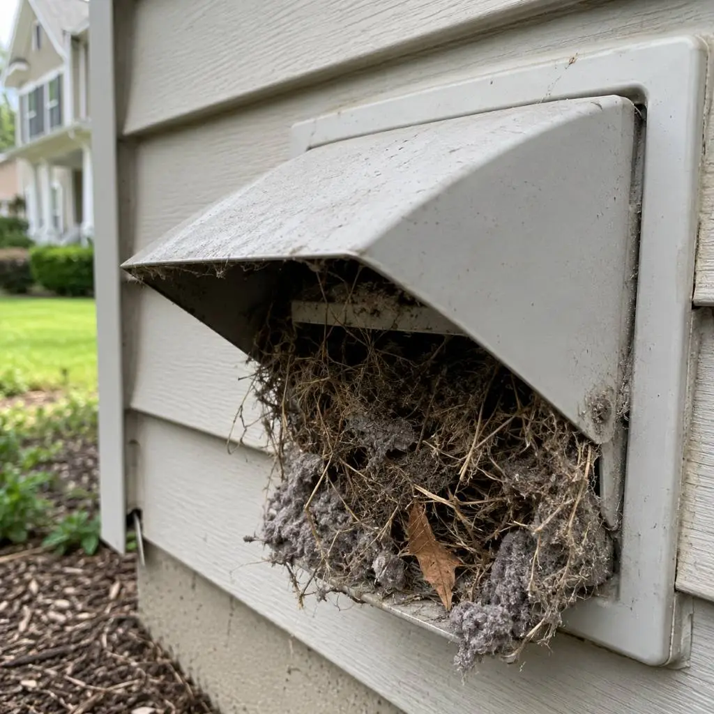 Bird nest and lint blockage inside an exterior dryer vent causing restricted airflow and dryer not drying in Raleigh NC homes