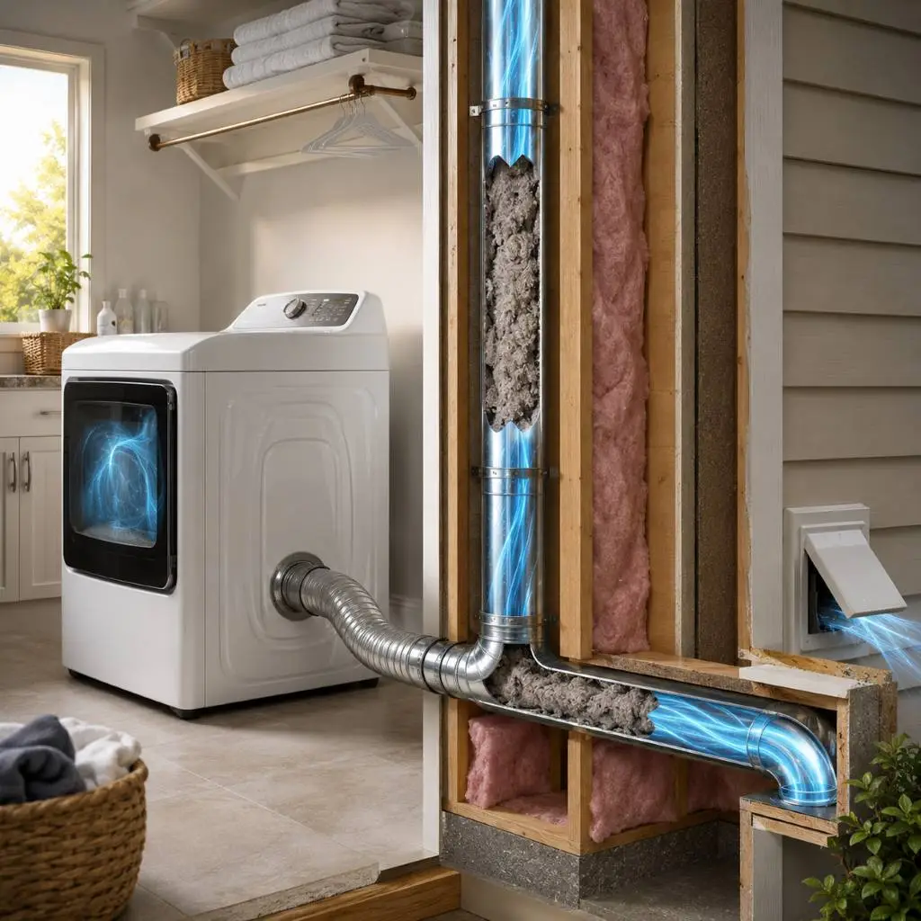 Cutaway view of a dryer vent system showing lint buildup inside ductwork and explaining how often to clean dryer vents in Raleigh NC