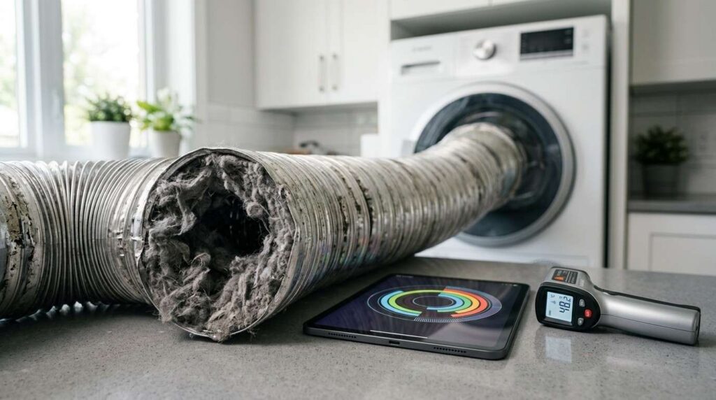 Lint-clogged dryer vent duct beside a tablet and temperature gauge, illustrating a dryer fire risk.