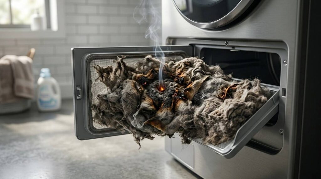 Overloaded dryer lint filter with smoldering lint and visible signs of a fire hazard.