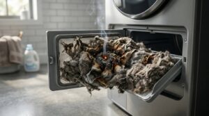 air duct cleaning in alexandria va 5 Overloaded dryer lint filter with smoldering lint and visible signs of a fire hazard.