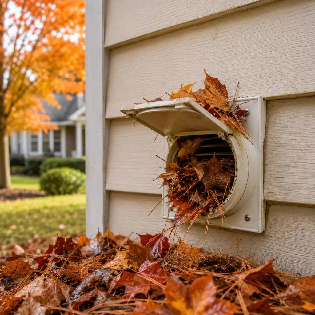 Exterior dryer vent blocked by fall leaves and debris showing the best time for dryer vent cleaning in Raleigh NC before seasonal buildup occurs