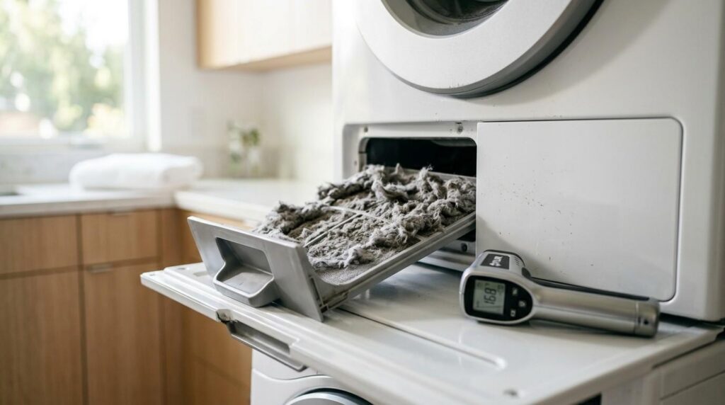 Dryer lint filter overloaded with lint beside a temperature gauge, highlighting a maintenance and fire safety concern.