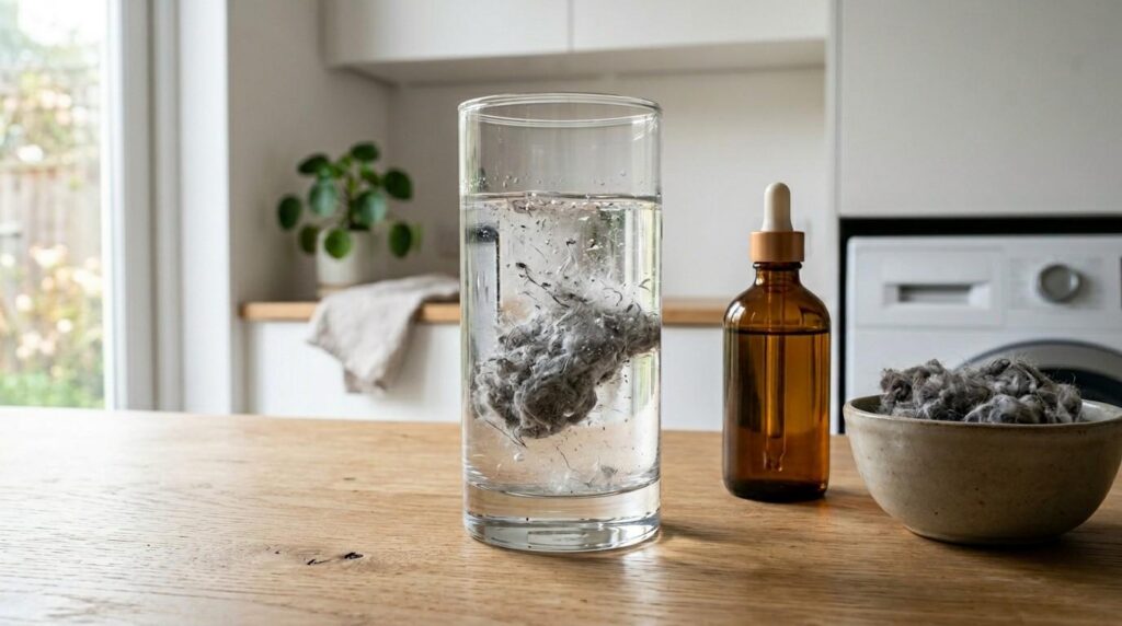 Glass of water with dryer lint swirling inside, next to a bottle and bowl of lint on a laundry room counter.