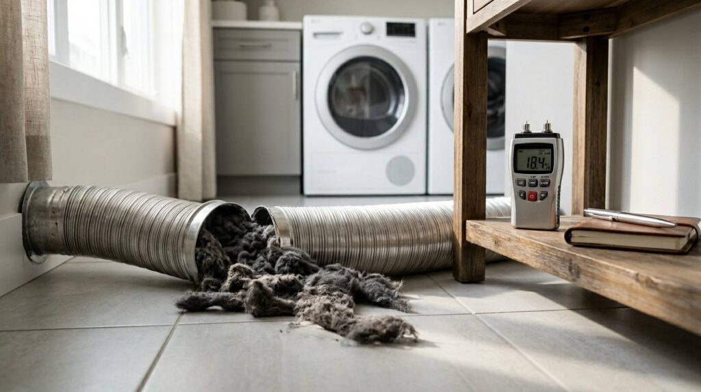 Dryer vent duct overflowing with lint on a laundry room floor beside a moisture meter and notebook.