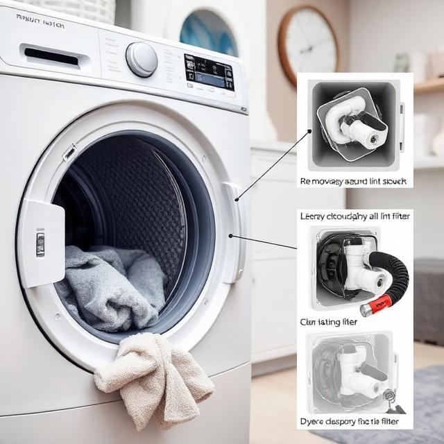 Why Is My Lint Trap Not Catching Lint? 2 Modern clothes dryer with a damaged or ineffective lint trap, showing lint bypassing the filter, accumulating inside the dryer system, and causing excessive lint on clothing in a clean residential laundry room.