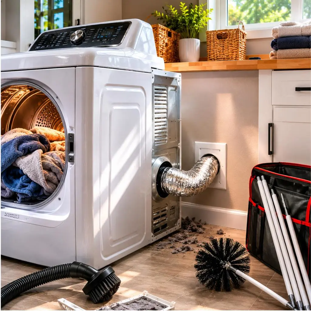 DIY dryer vent cleaning in Raleigh NC using a dryer vent brush kit and vacuum to remove lint from the dryer exhaust connection