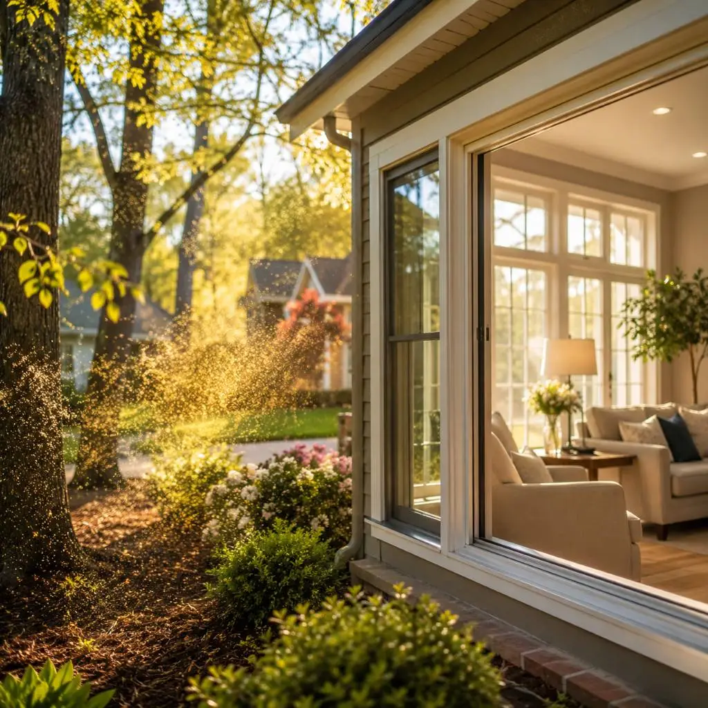 Pollen drifting through spring sunlight outside an open window, showing spring pollen air quality Raleigh NC concerns for homeowners