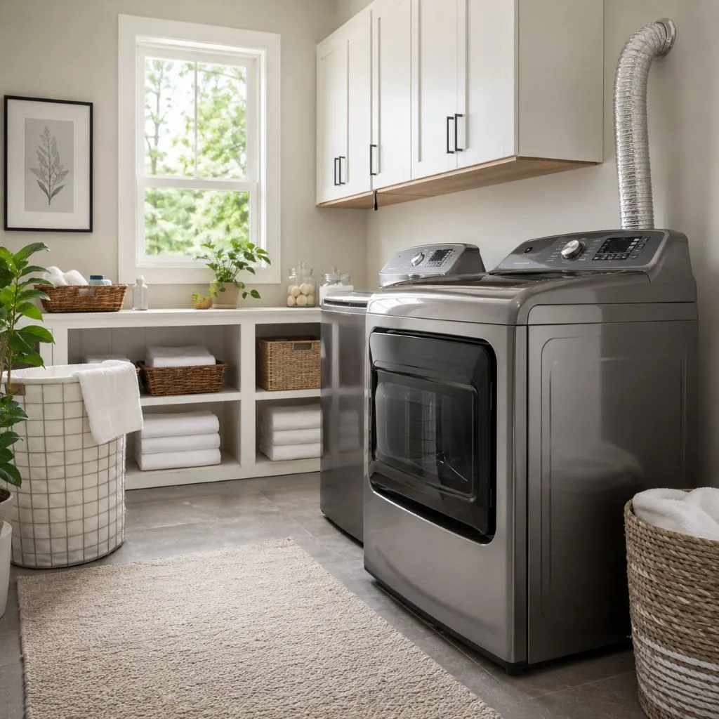 Bright laundry room with washer and dryer, exposed dryer vent hose visible above unit, illustrating how to vent a dryer indoors
