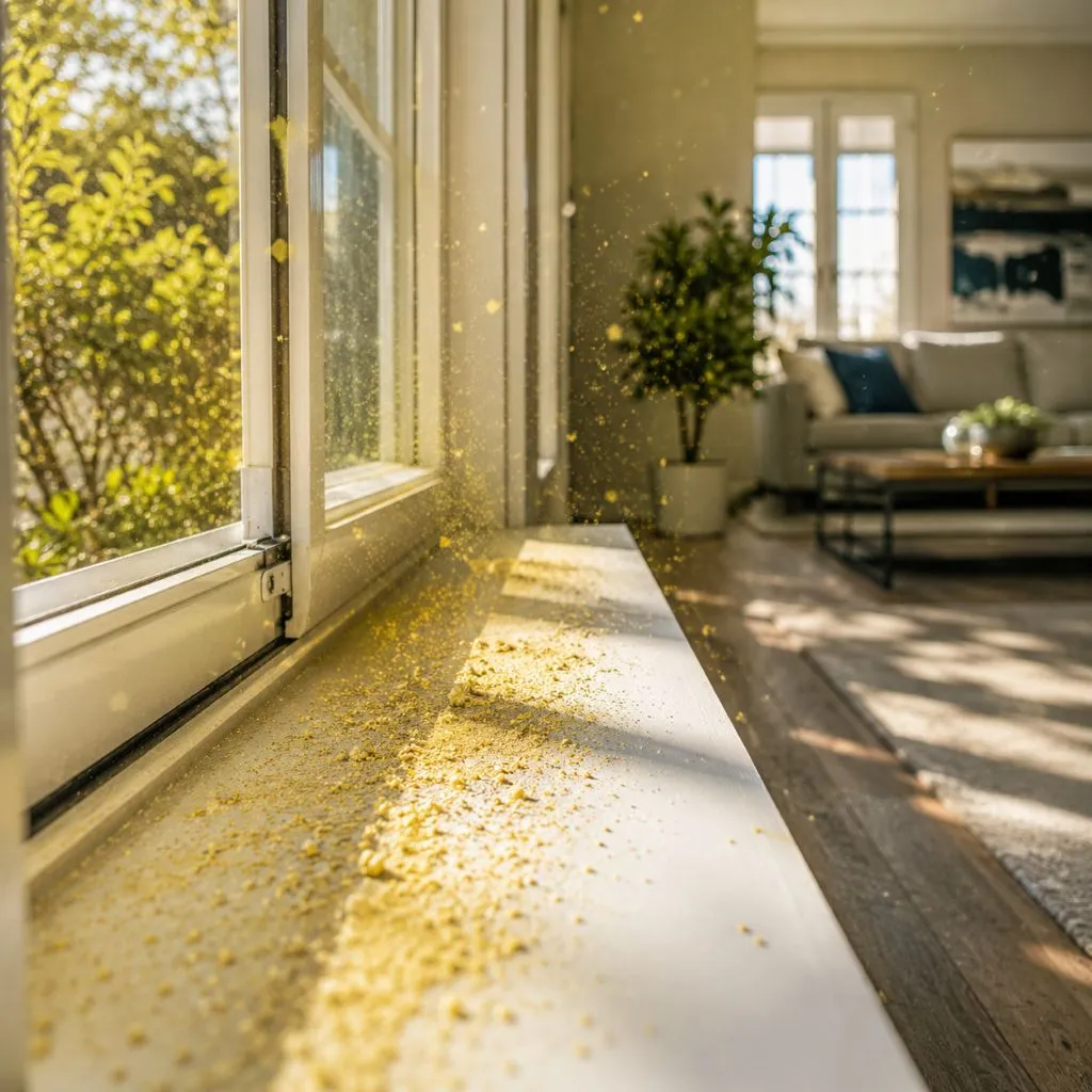 Thick yellow pollen coating a windowsill inside a living room, showing spring pollen air quality Raleigh NC impact on indoor spaces