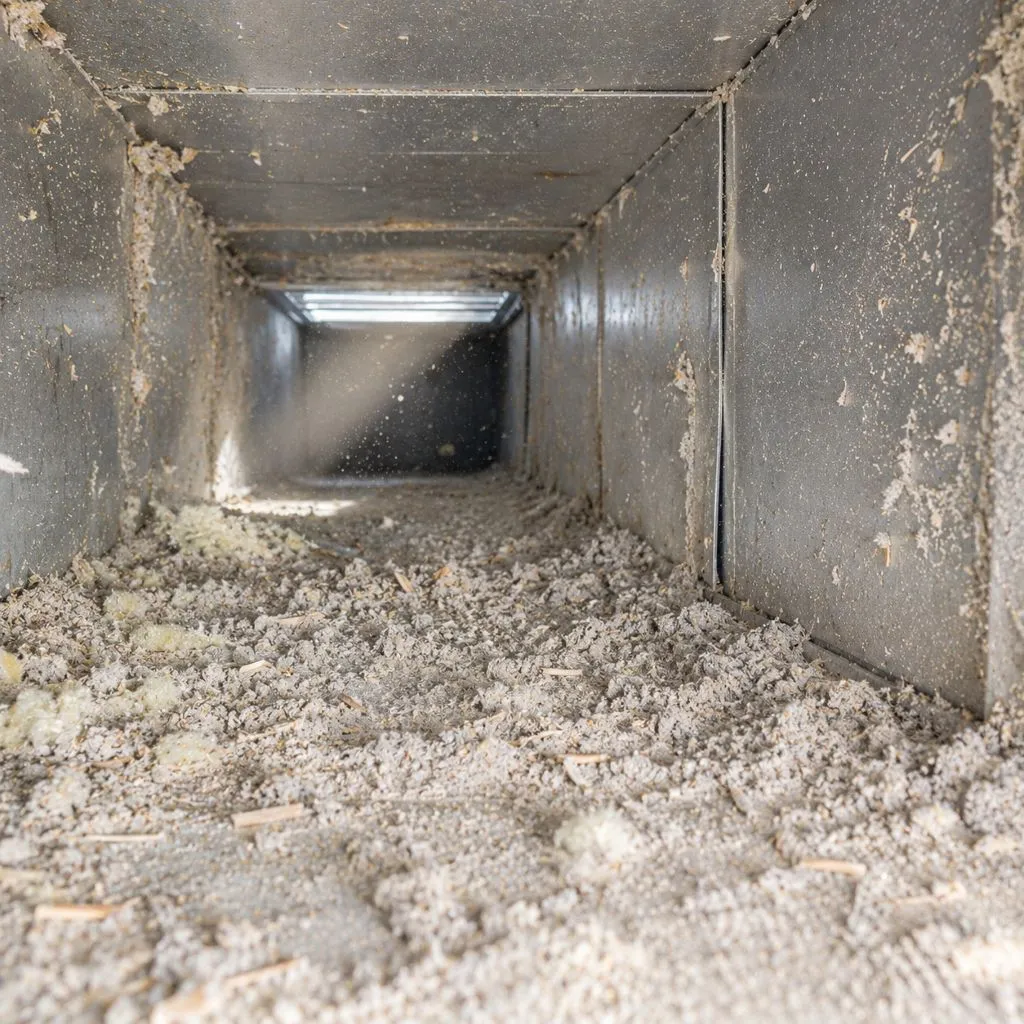 Interior view of a metal air duct heavily coated in construction debris, showing new construction dust in air ducts Raleigh NC buildup