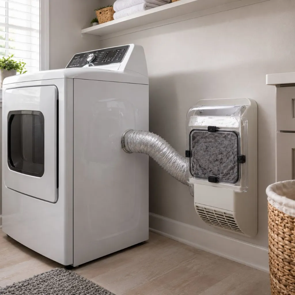 Dryer exhaust hose connected to a clear indoor lint trap box mounted on the wall, showing how to vent a dryer indoors safely