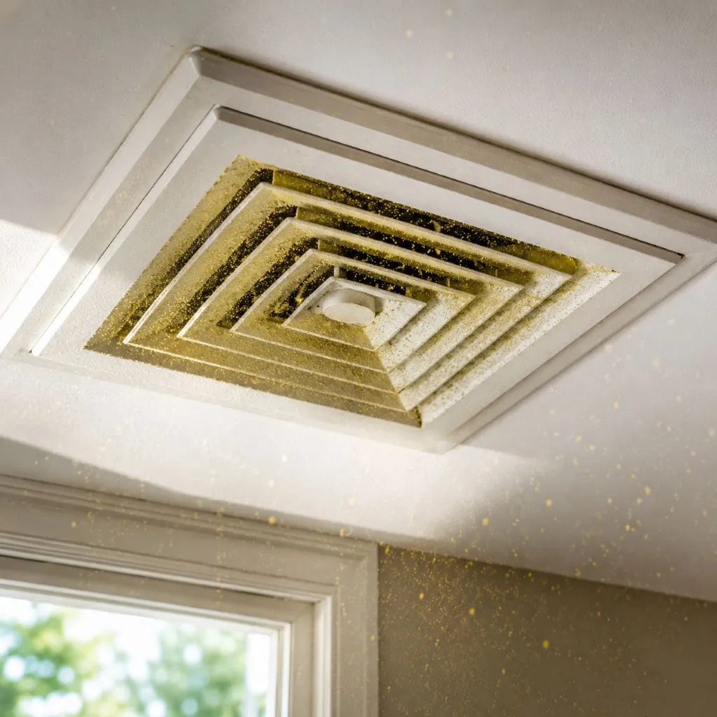 Ceiling air vent coated in thick yellow pollen buildup, illustrating spring pollen air quality Raleigh NC problems inside the duct system