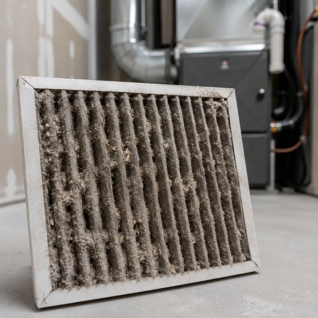 Clogged HVAC air filter caked with debris beside a furnace, showing new construction dust in air ducts Raleigh NC filter buildup