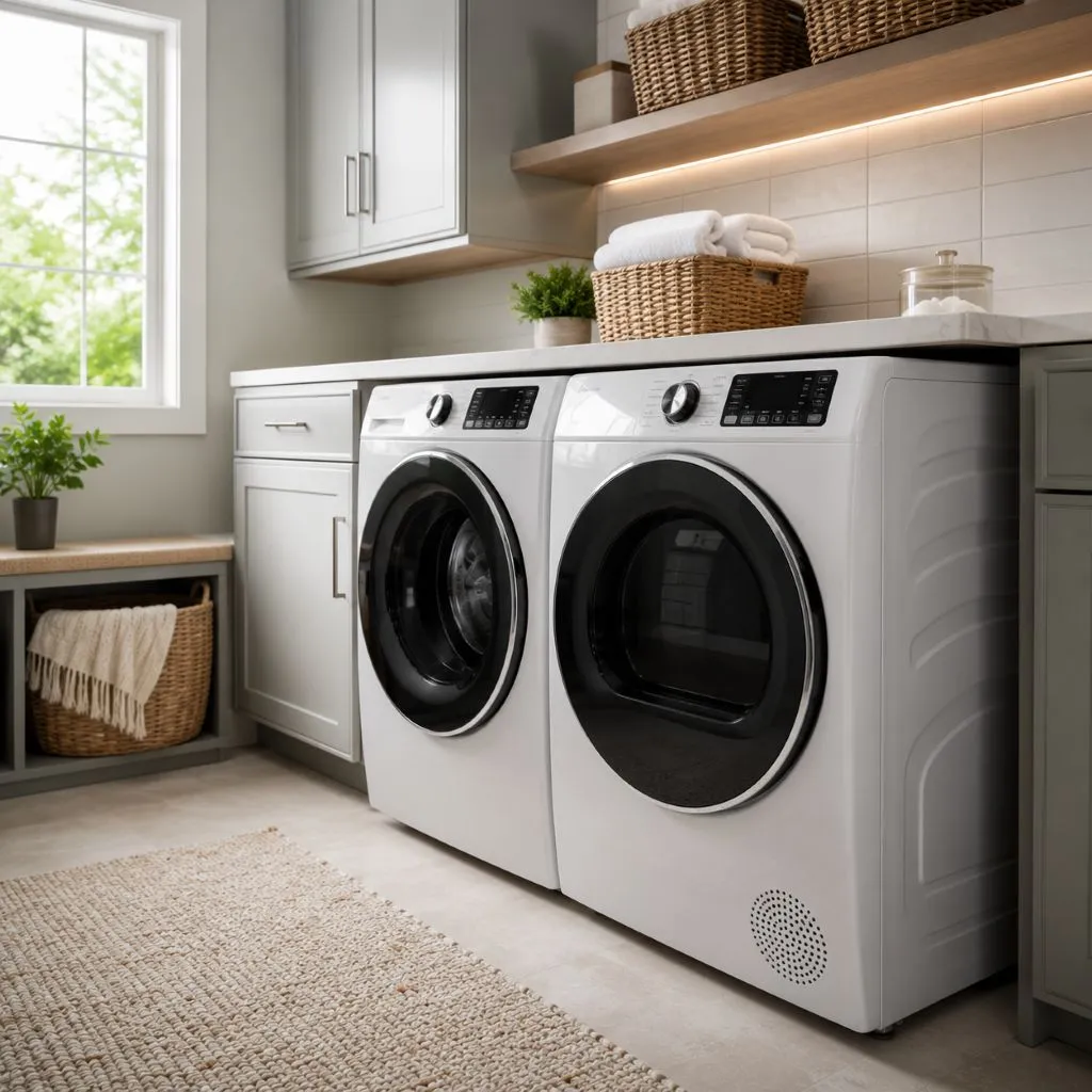 Built-in white washer and dryer set beneath a countertop in a laundry room, a common space where how to vent a dryer indoors matters