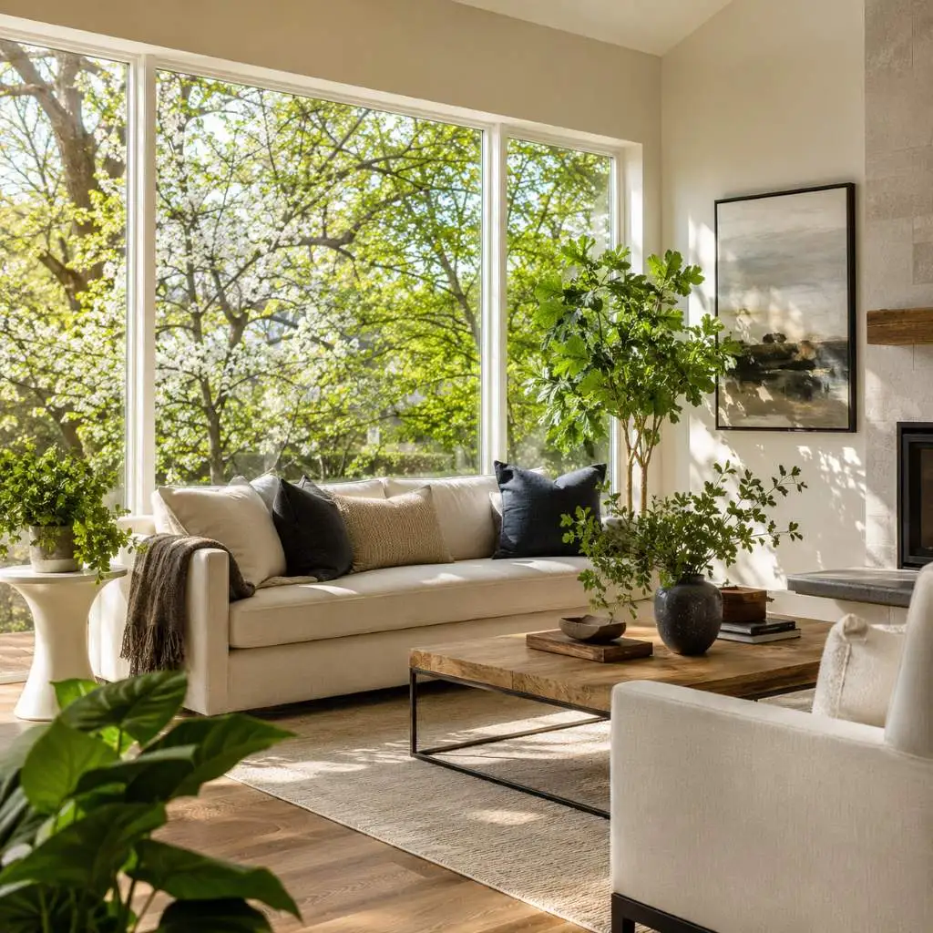 Bright clean living room with fresh spring trees outside, representing healthy spring pollen air quality Raleigh NC homeowners want