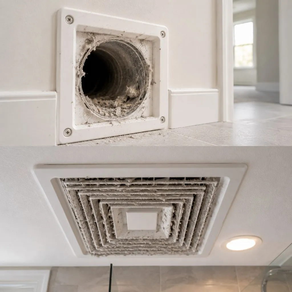 Dust caked wall vent and ceiling vent side by side, showing new construction dust in air ducts Raleigh NC affecting multiple vent types