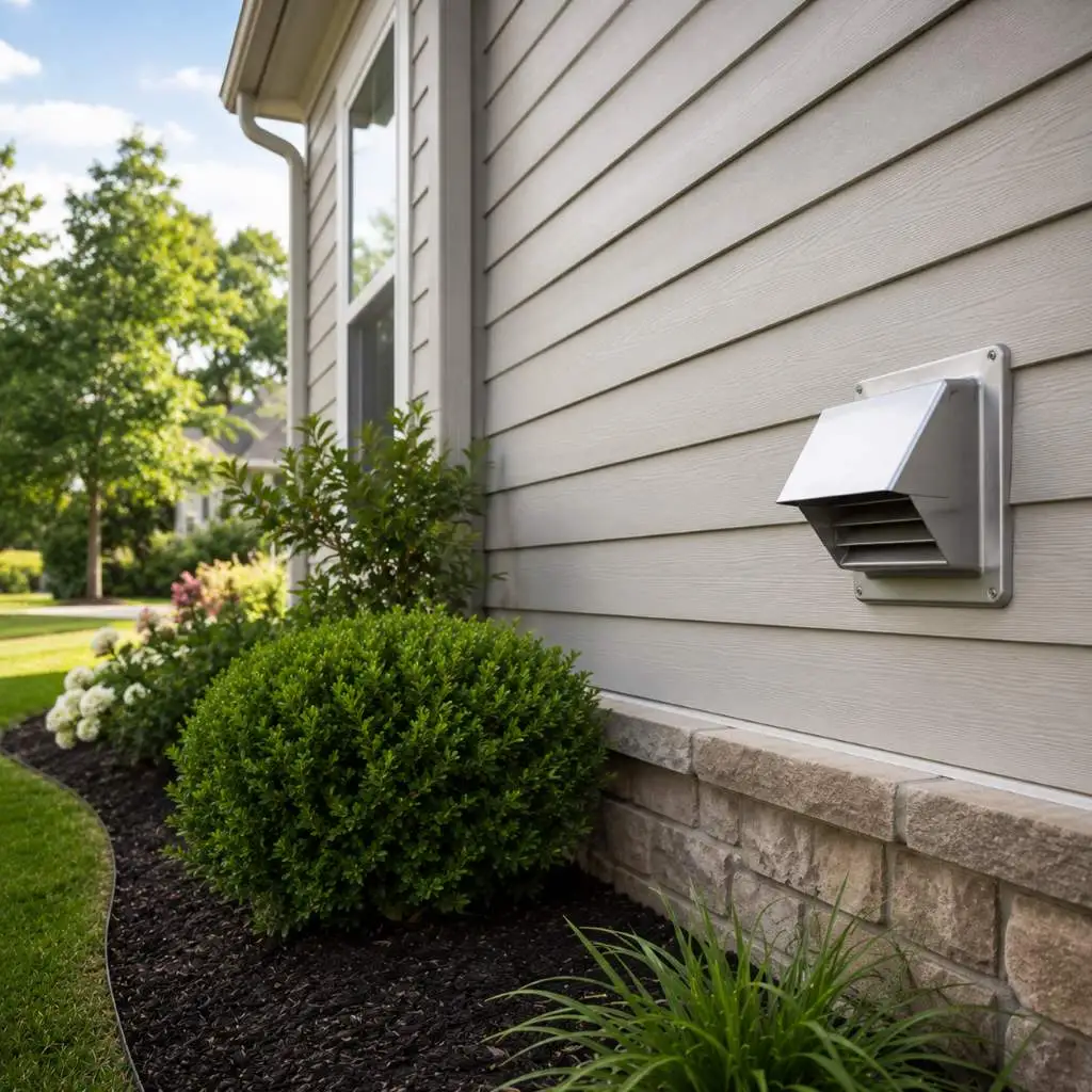 Exterior dryer vent cover mounted on a home's siding, the standard alternative to how to vent a dryer indoors
