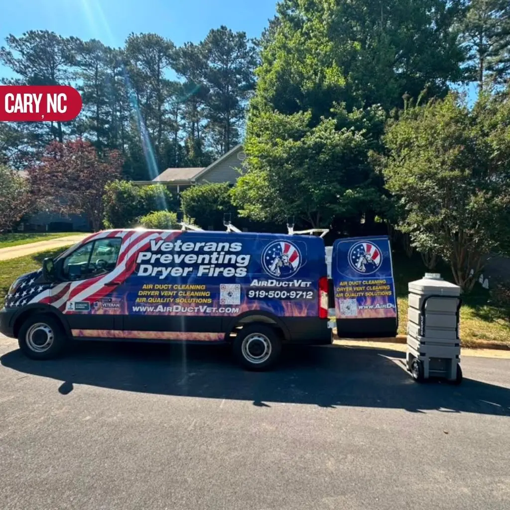 AirDuctVet branded service van parked in a Cary NC driveway, ready for an air duct cleaning Cary NC appointment