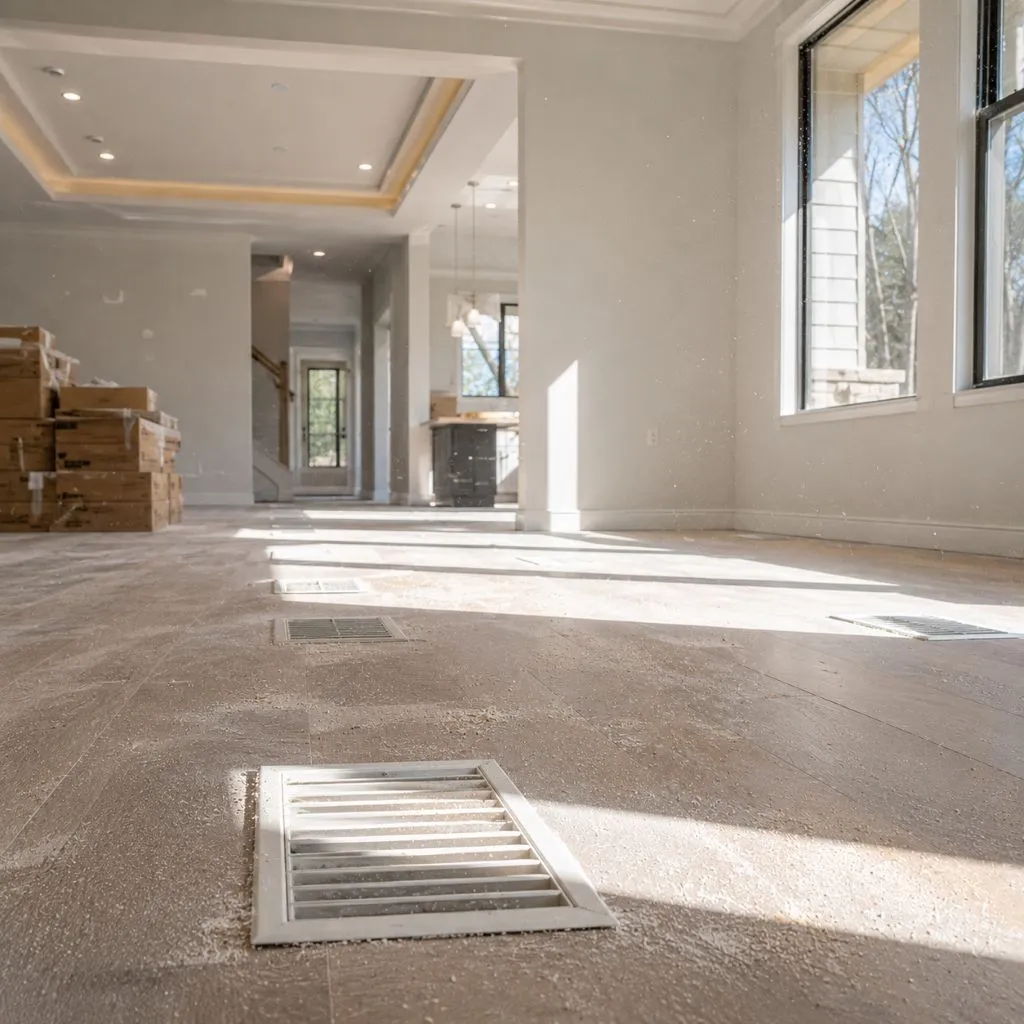 Dusty floor vent in an unfinished new build home, showing new construction dust in air ducts Raleigh NC before final cleaning