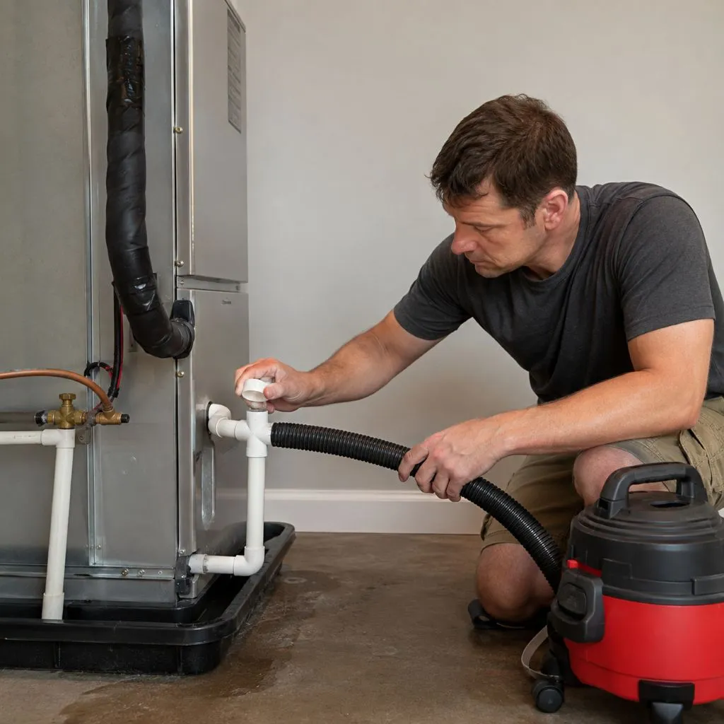 Technician using a wet vac to clear the condensate drain line on an HVAC air handler, showing clearing air conditioning drain lines