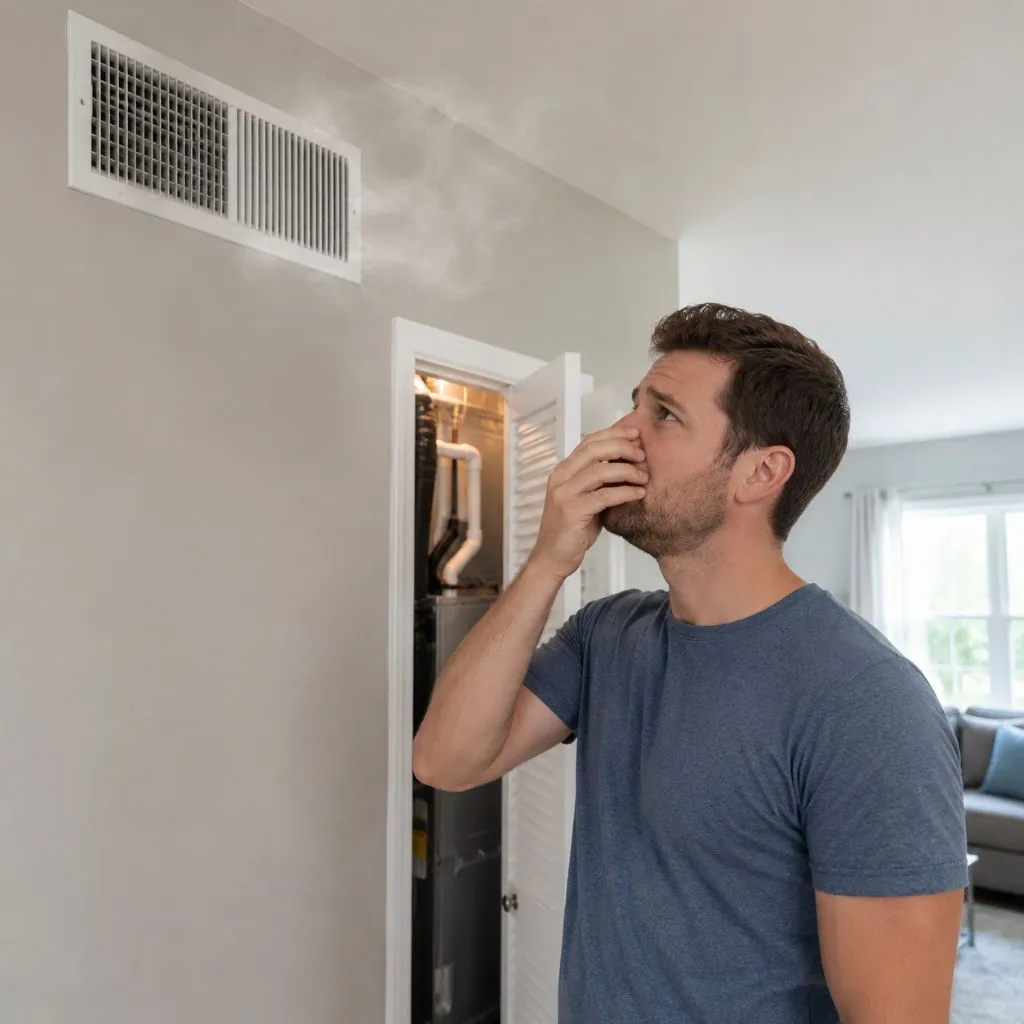Man pinching his nose while smoke or moisture drifts from a ceiling vent, reacting to a musty smell air conditioning problem