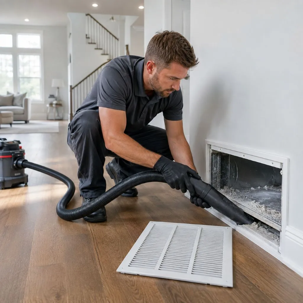 Technician vacuuming dust and debris from an open floor return vent inside a home during dryer vent cleaning Cary NC service