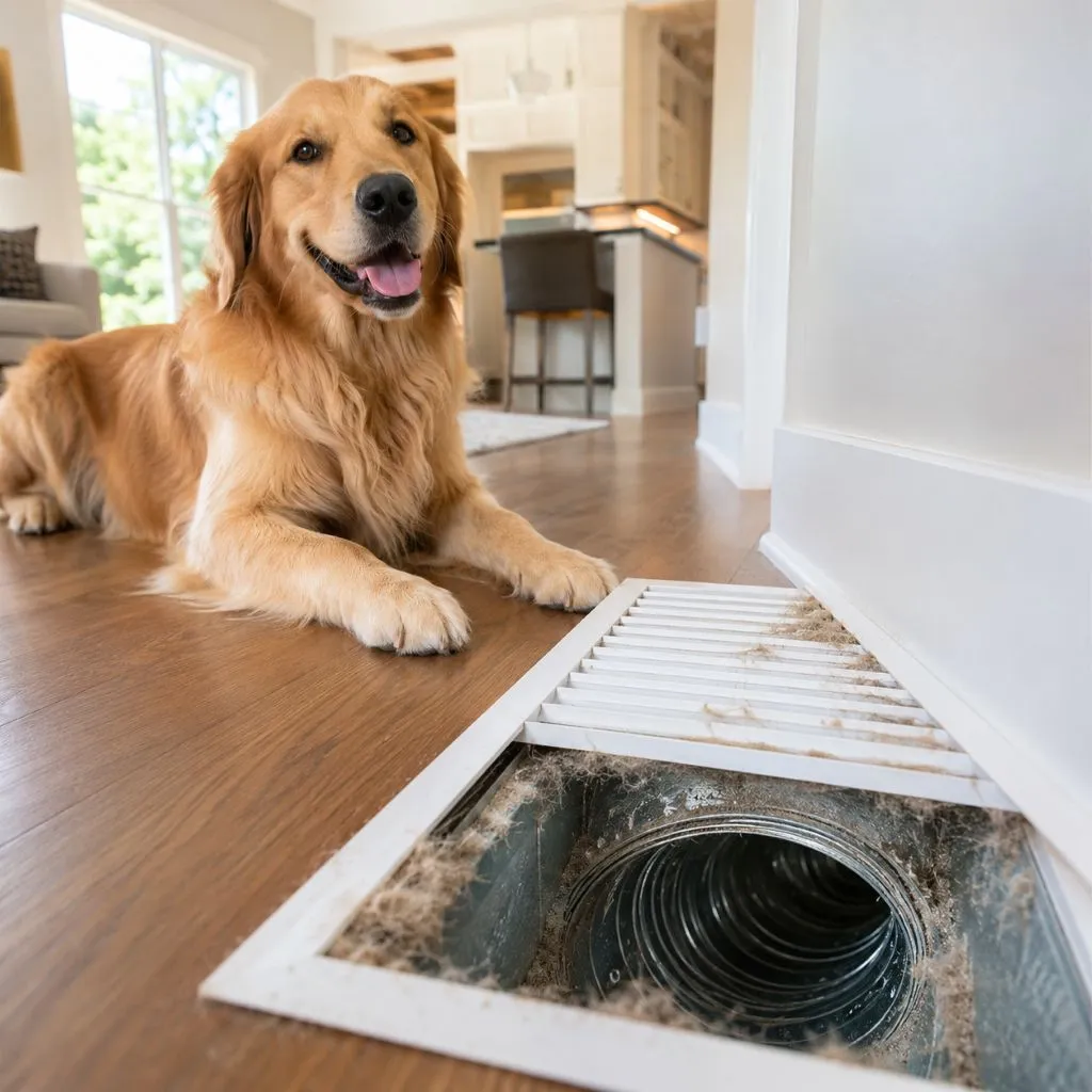 Golden retriever lying beside an open floor vent coated in pet hair, illustrating pet dander in air ducts Cary NC