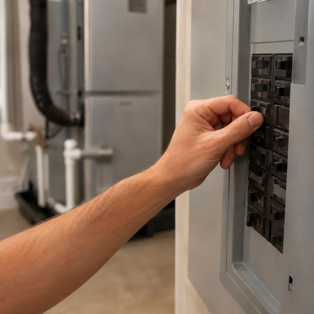 Technician switching off a breaker at the electrical panel before performing HVAC maintenance, a safety step before clearing air conditioning drain lines