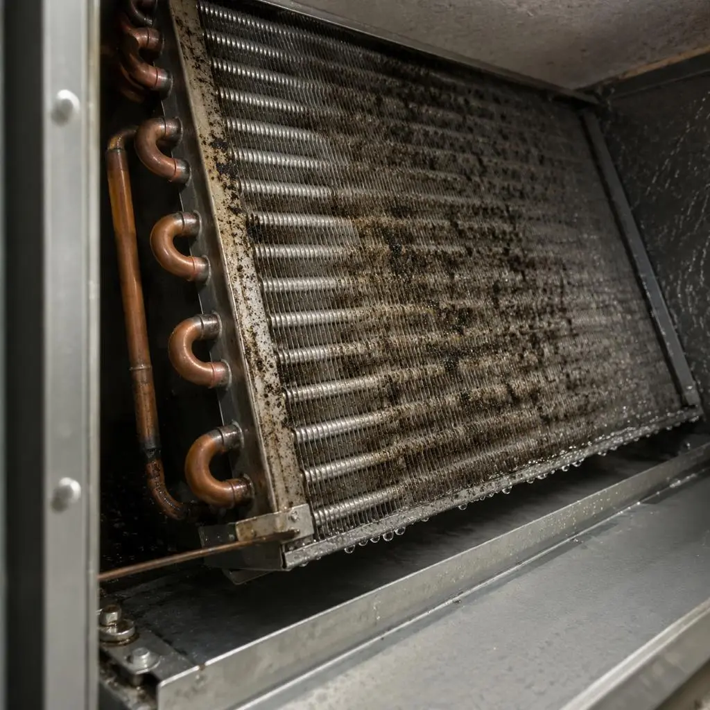 Evaporator coil covered in dark mold like buildup and moisture, a direct example of mold in air conditioning systems
