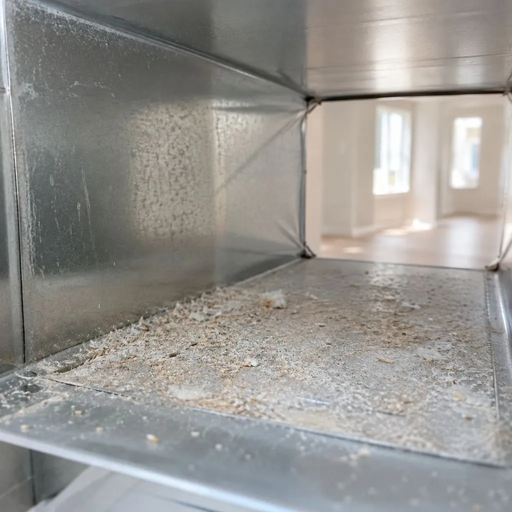 Interior view of a metal duct coated in light dust and construction debris, part of dryer vent cleaning Cary NC before and after documentation