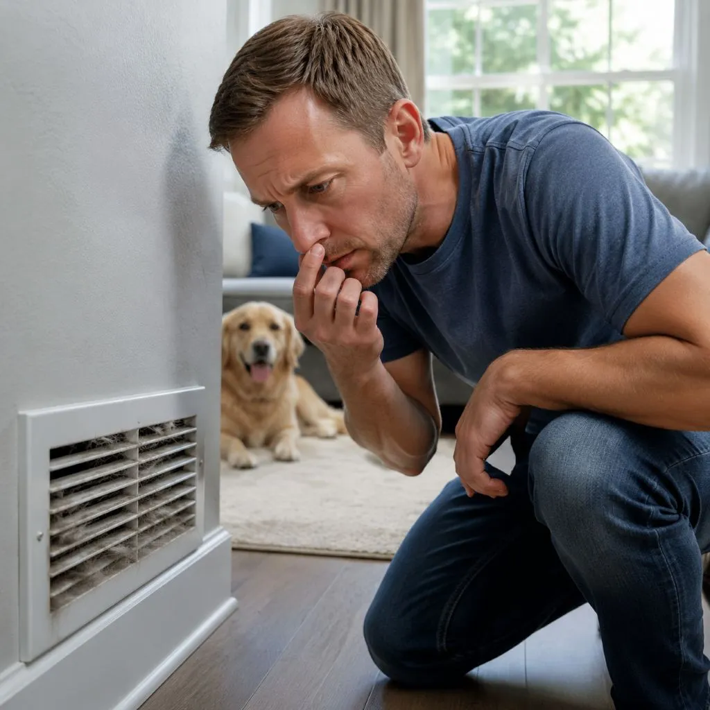 Homeowner examining a wall vent coated in pet hair with his dog nearby, reacting to pet dander in air ducts Cary NC