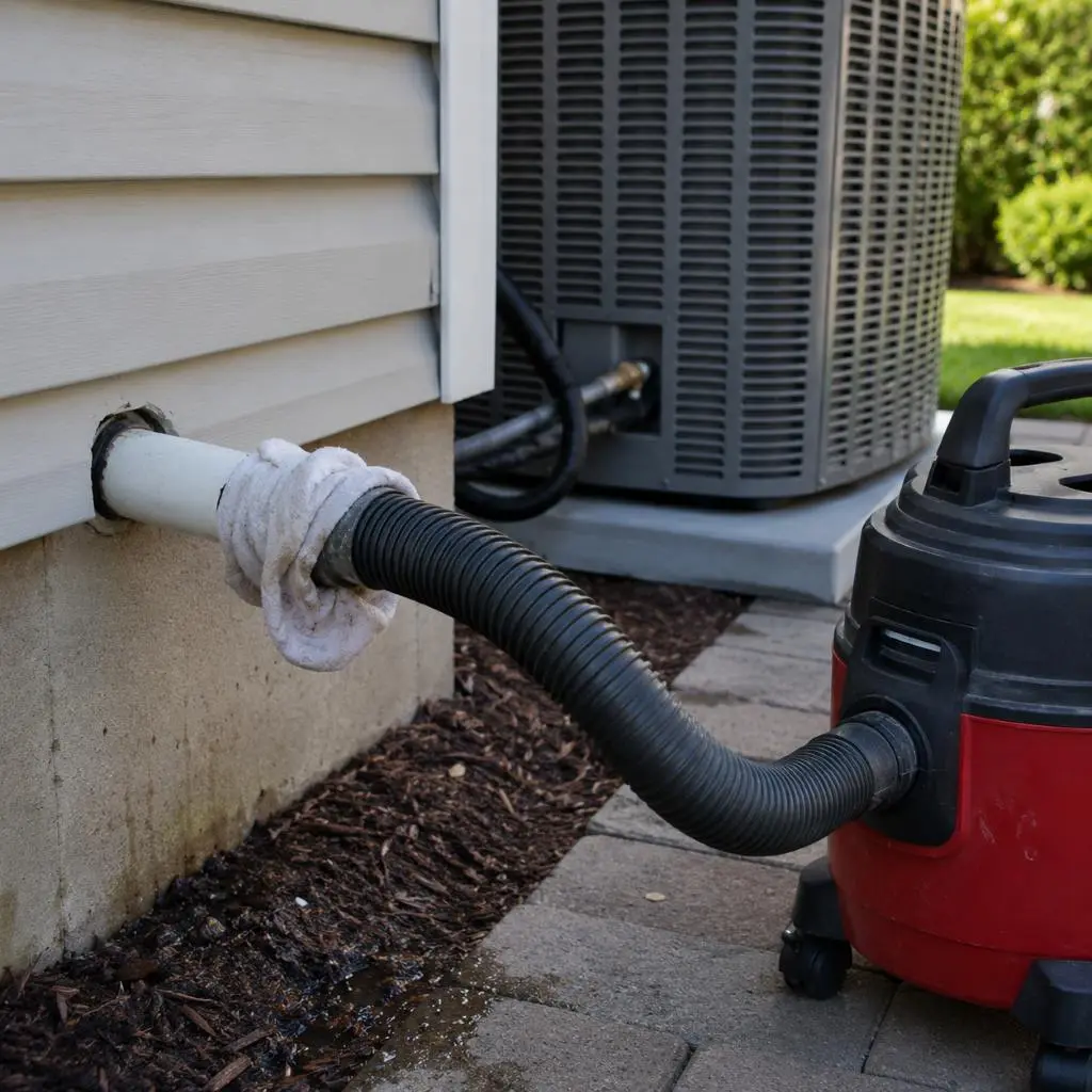 Wet vac hose connected to an exterior AC condensate drain pipe beside the outdoor unit, showing clearing air conditioning drain lines outdoors