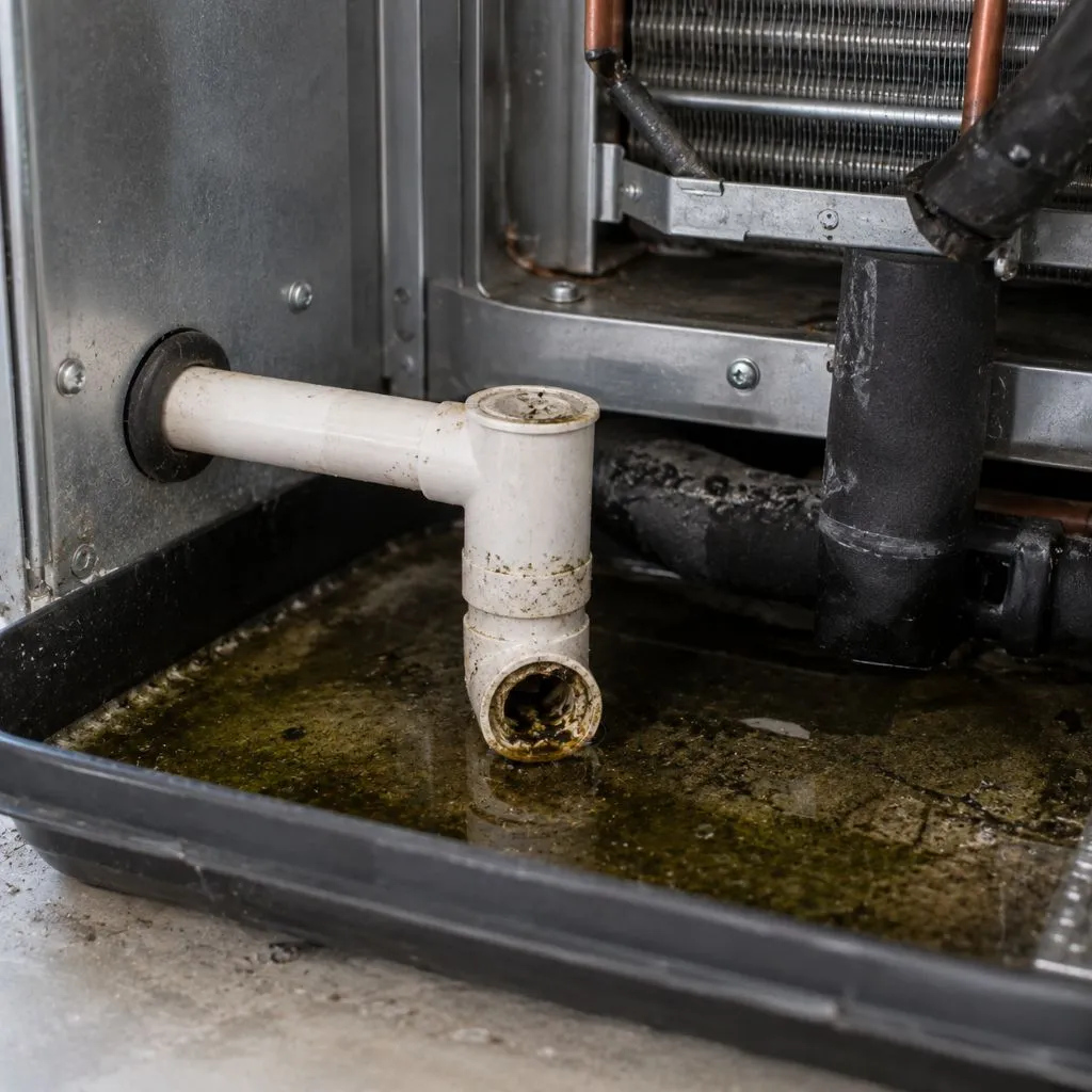 Standing dirty water and algae buildup in an HVAC drain pan beneath the coil, a source of musty smell air conditioning odors