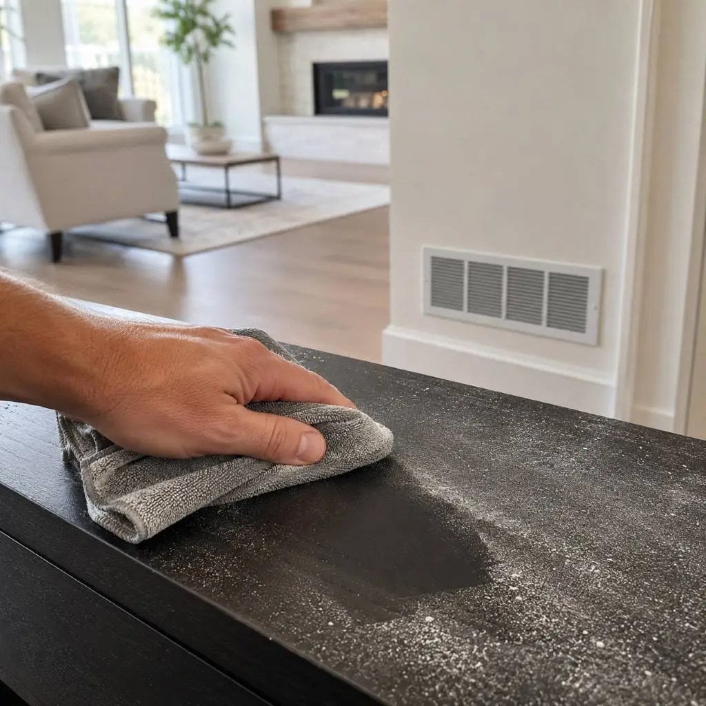 Hand wiping dust off a dark furniture surface near a wall vent in a living room, showing results of dryer vent cleaning Cary NC