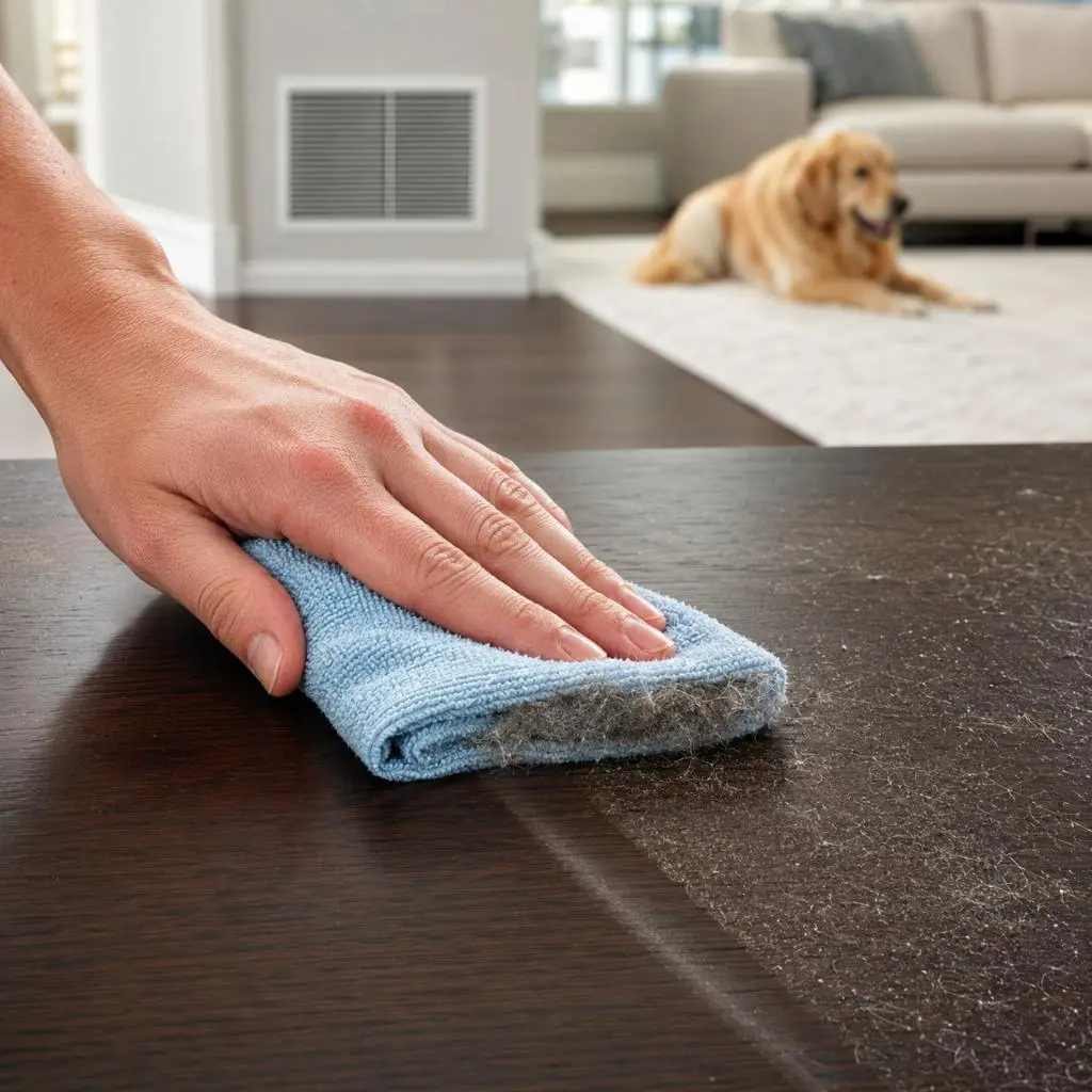 Hand wiping visible pet fur off a dark wood surface with a golden retriever resting nearby, showing pet dander in air ducts Cary NC