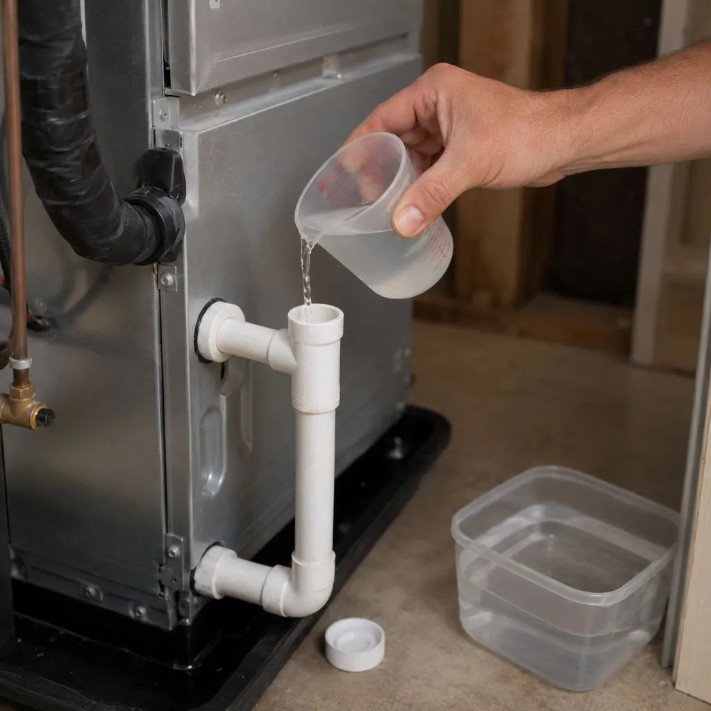 Technician pouring water into an HVAC condensate drain access pipe to test flow, part of clearing air conditioning drain lines