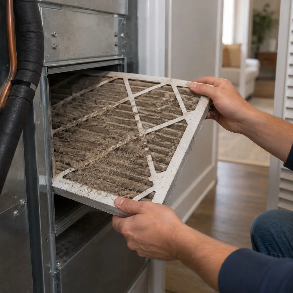 Technician removing a dirty air filter from an HVAC unit, a routine step in addressing musty smell air conditioning problems